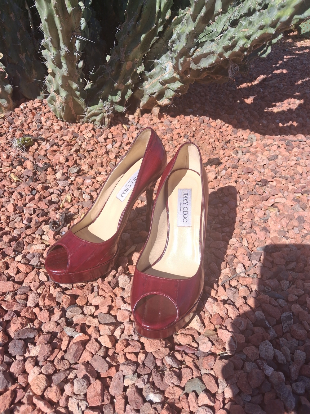 Jimmy Choo Burgundy Peep-Toe Platform Heels